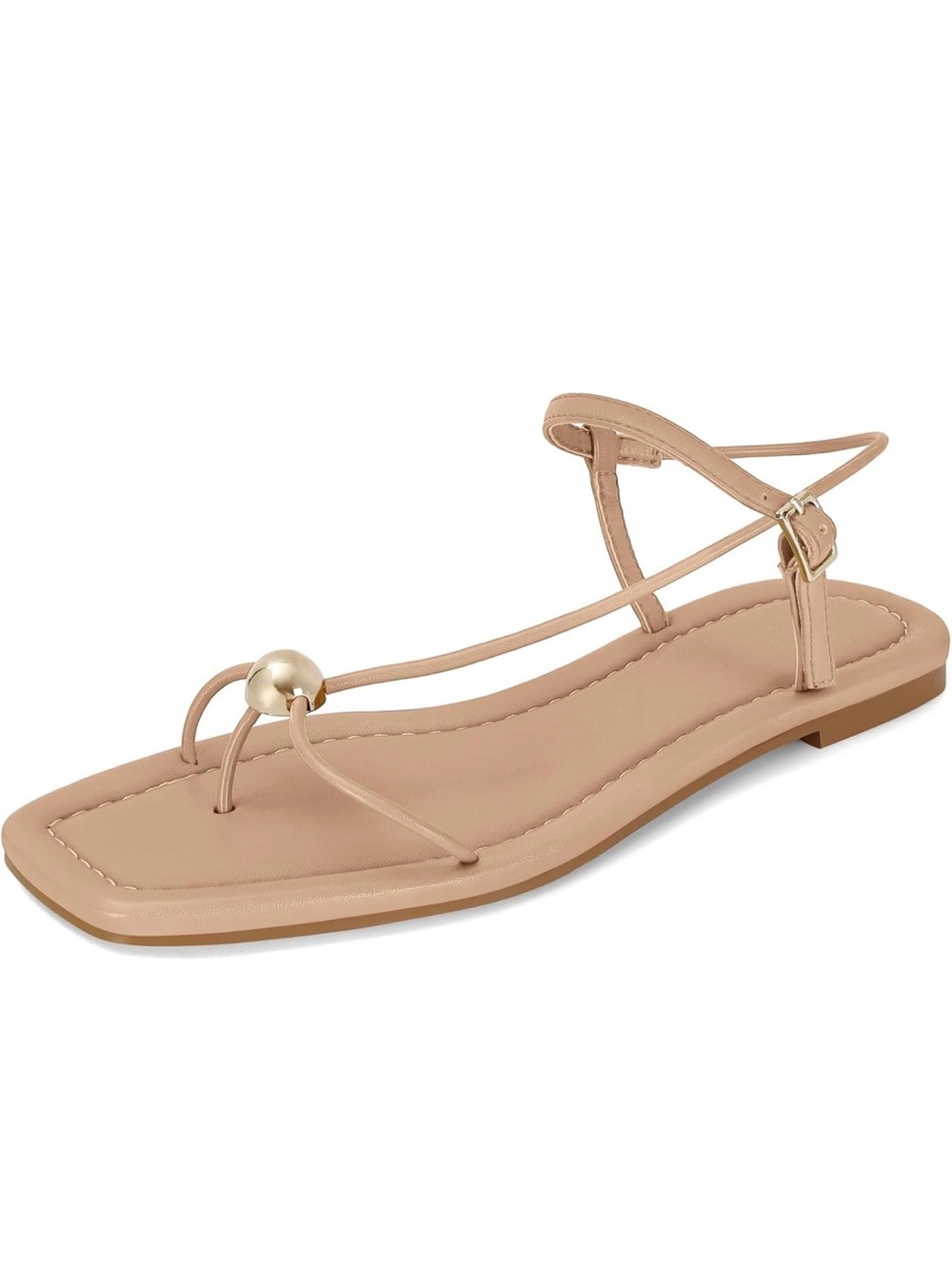 NWT Amazon Designer-Inspired Tan Strappy Flat Sandals with Gold Ball Accent